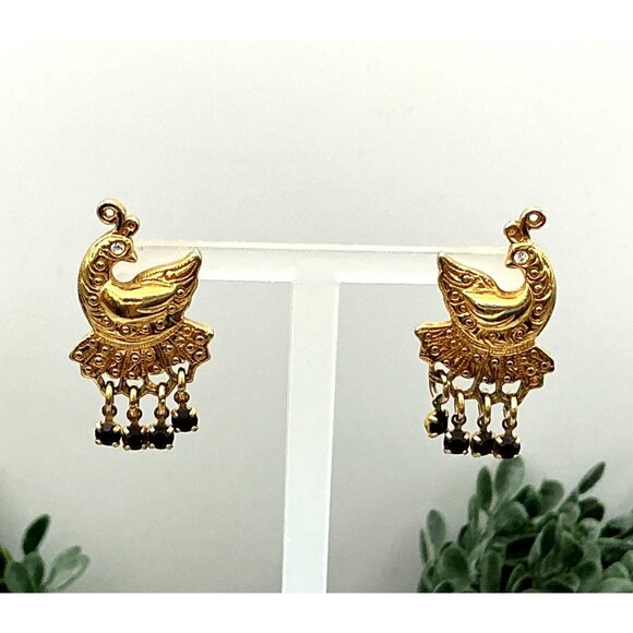 Gold-Tone Peacock Dangling Earrings With Black Beads - Picture 6 of 6